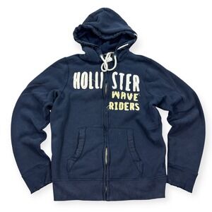 Y2K Hollister Hoodie Men's L Navy Blue Zip Up Embroidered Logo Heavyweight